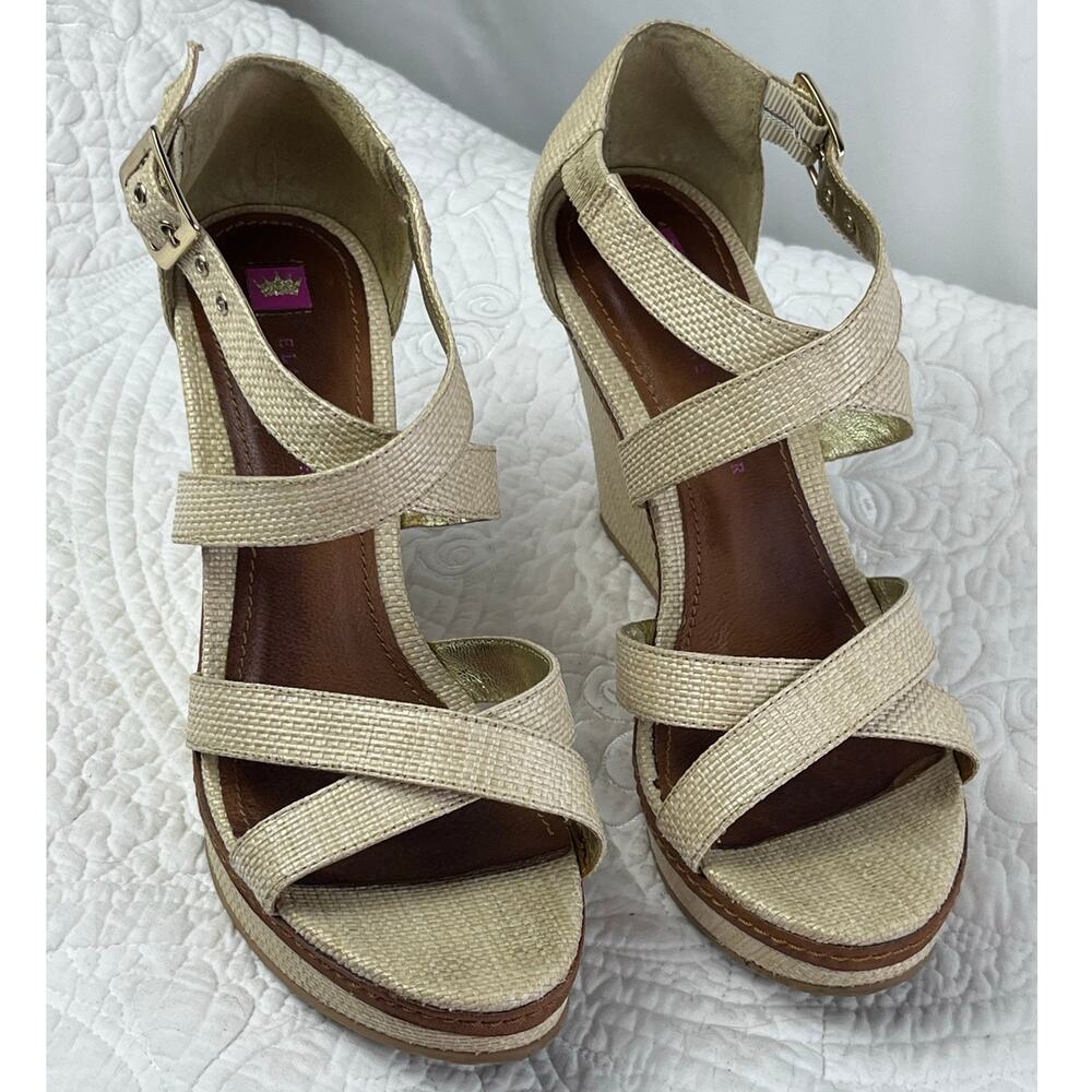 Elaine Turner Women's Size 8.5 Cream/Brown Wedge Strappy Summer Sandal Heels